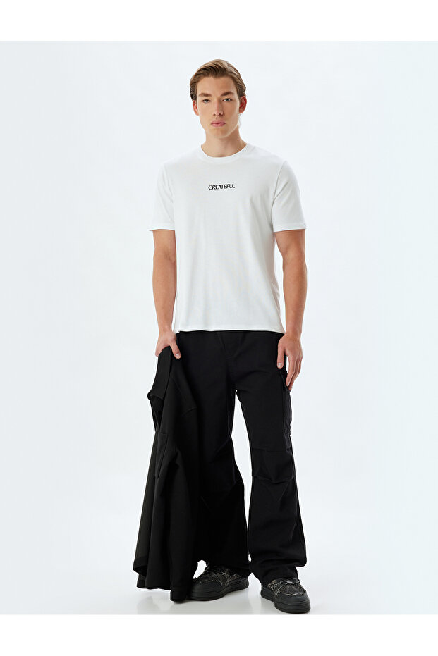 Basic T-Shirt Slogan Embroidered Crew Neck Short Sleeve Cotton