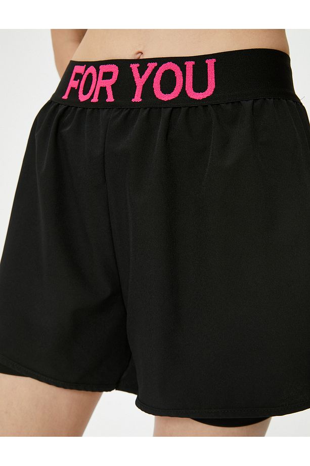 Slim Fit Slogan Baskılı Beli Lastikli Spor Şort - 5