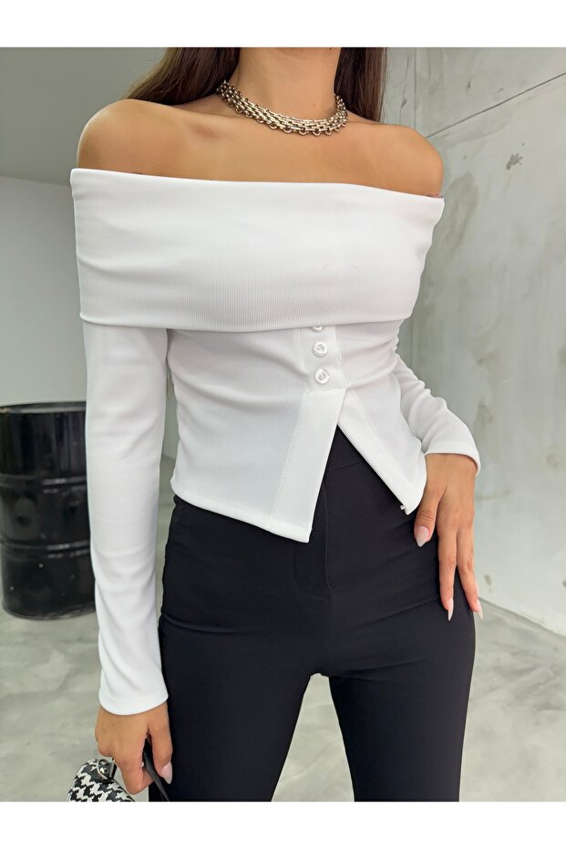 Women's Ottoman Fabric Madonna Collar Buttoned Blouse