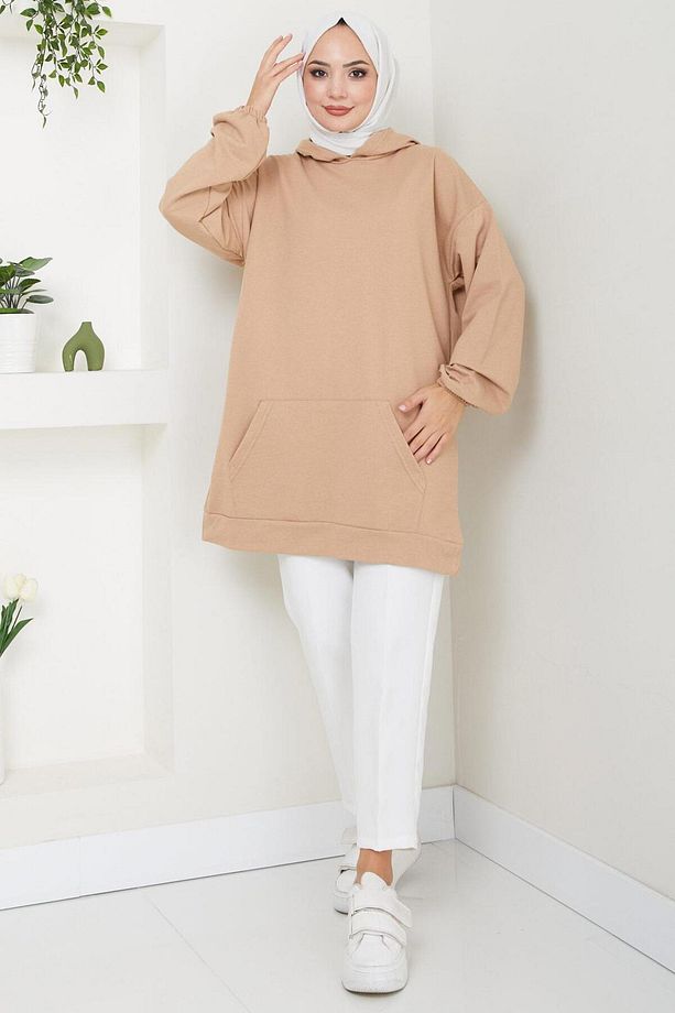 Kanguru Cepli Kapüşonlu Sweatshirt Tunik Camel HM2510 - 3