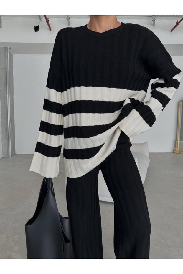 Striped Color-blocked Soft Textured Sweater Trousers Top-bottom Knitwear Winter suit