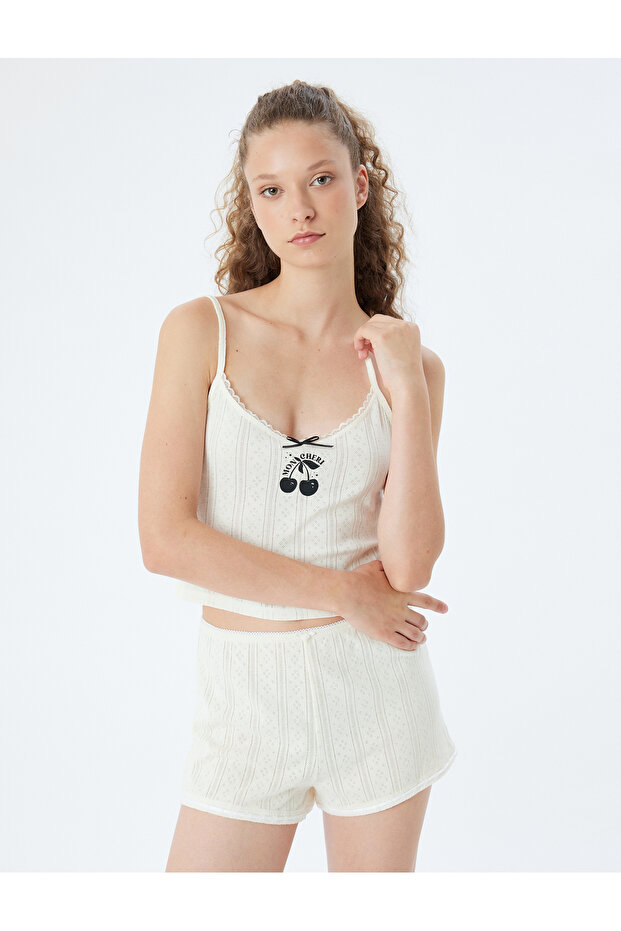 Strappy Crop Pajama Top with Cherry Print in Cotton
