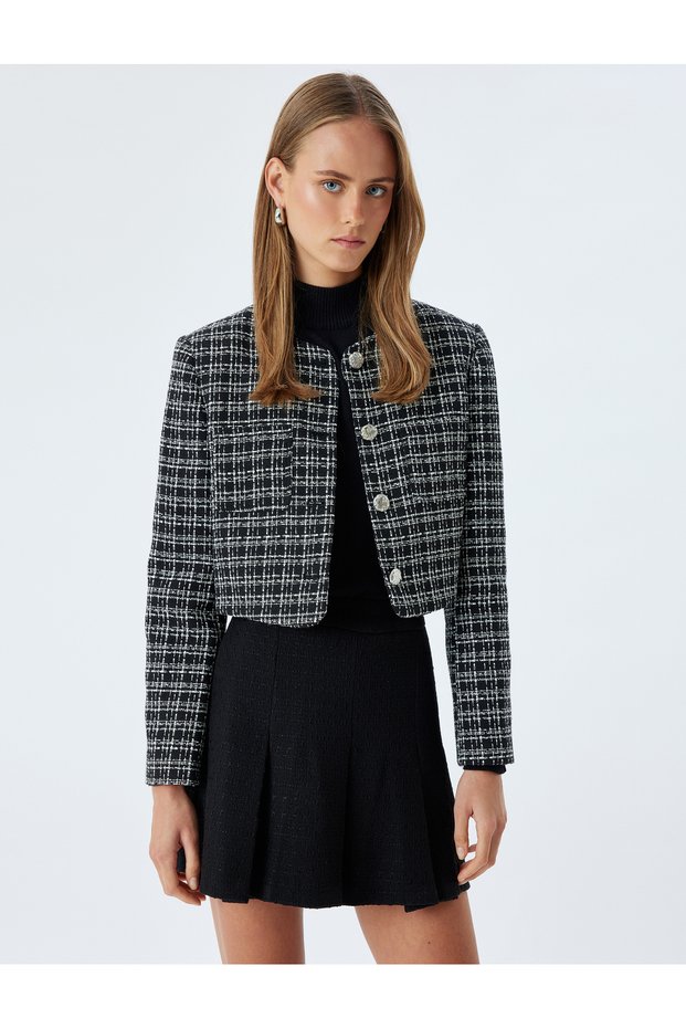 Tweed Crop Jacket Round Neck Pocket Detailed Buttoned