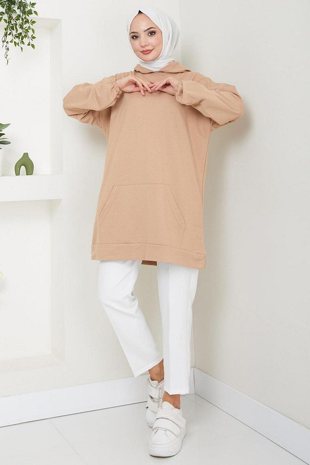 Kanguru Cepli Kapüşonlu Sweatshirt Tunik Camel HM2510 - 6