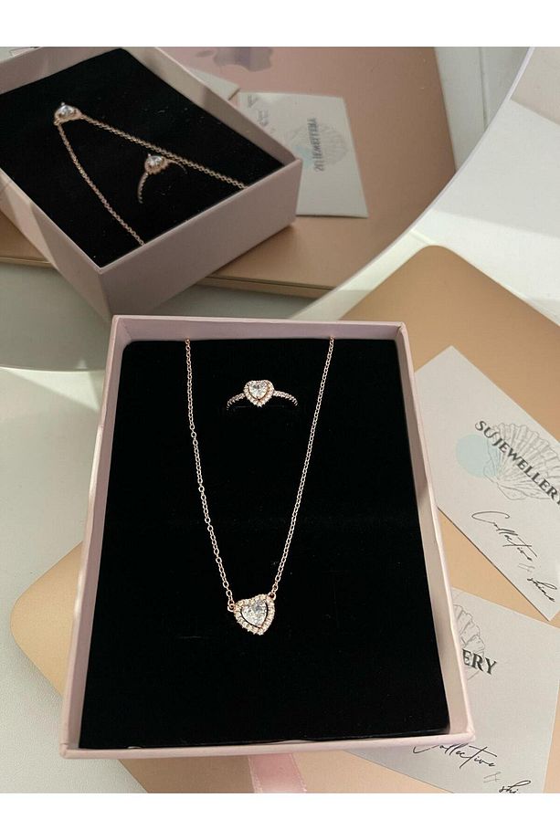 925 Ayar Gümüş Kalp Model 3 lü Set Kolye, Küpe ve Numaralı Yüzük - 2