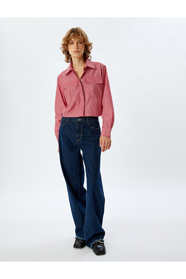 Crop Shirt Long Sleeve Classic Collar Buttoned Pocket Detail