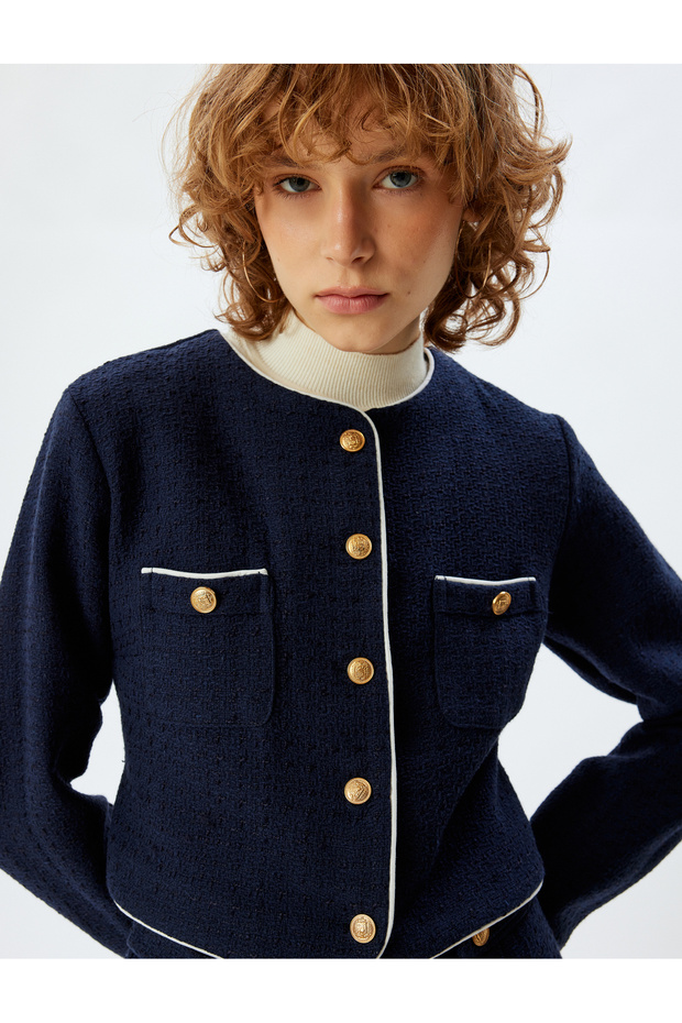 Tweed Shirt Jacket with Crop Buttons, Pocket Detail, Ribbed Crew Neck