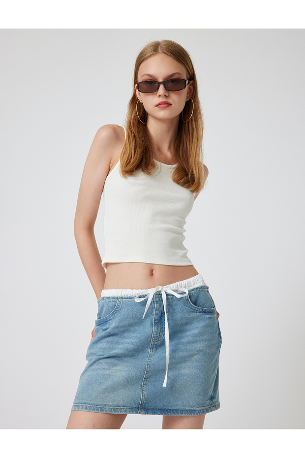 Double Waist Detailed Lace up A-Line Mini Denim Skirt