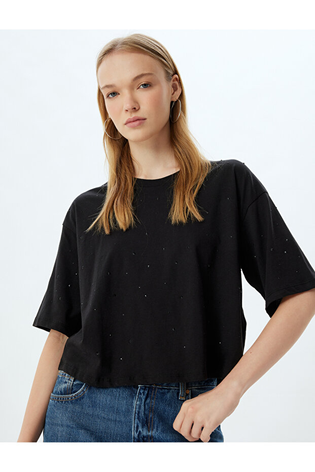 Stone DeTailed Oversize Crew NecK T-shirt - Short Sleeve