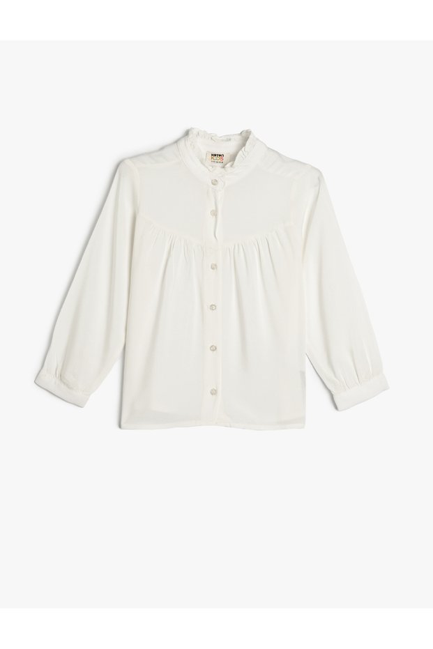 High Collar Shirt with Ruffle Detail and Long Sleeves