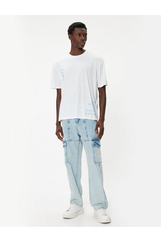 Slogan Baskılı Kısa Kollu Pamuklu Bisiklet Yaka Oversize Tişört - 2