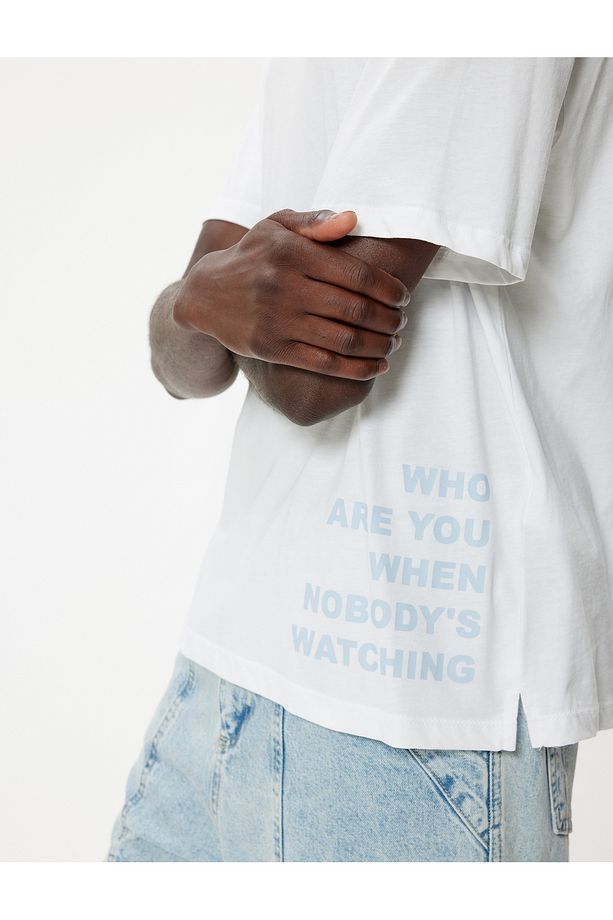 Slogan Baskılı Kısa Kollu Pamuklu Bisiklet Yaka Oversize Tişört - 5