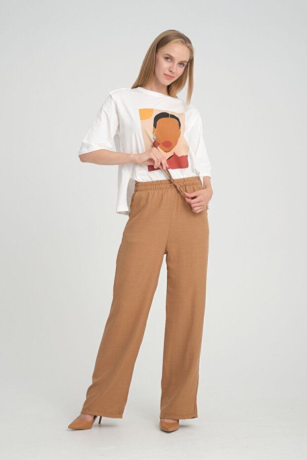 Women's Linen Blend Tan Color Summer Elastic Waist Loose Cut Efil Efil Fit Stylish Style Trousers