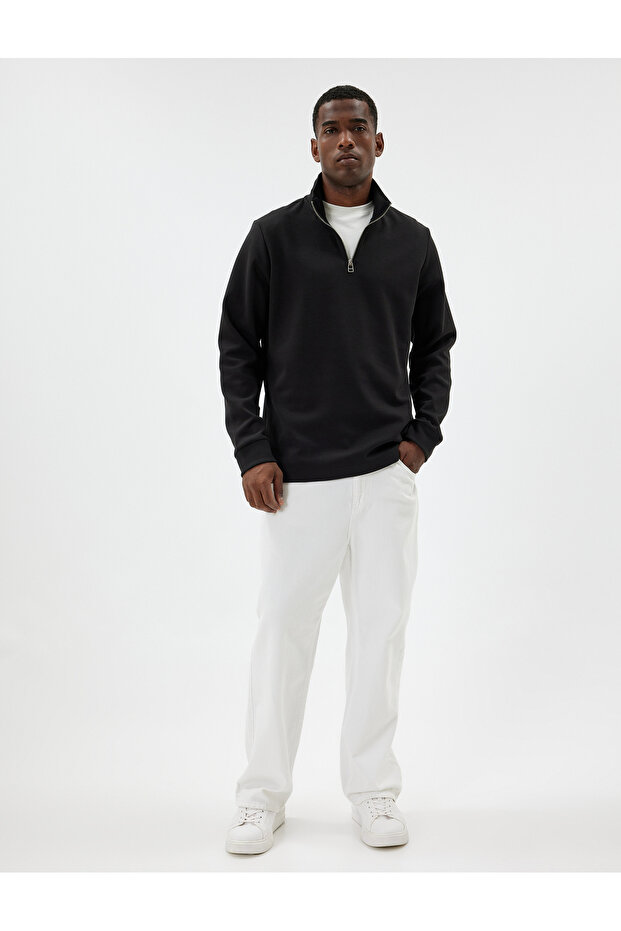 Basic Pullover mit Reißverschluss und langen Ärmeln aus Baumwolle - 2