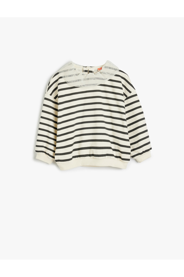 Striped Sweatshirt with Tulle Collar Detail, Long Sleeves, Embroidered Cotton