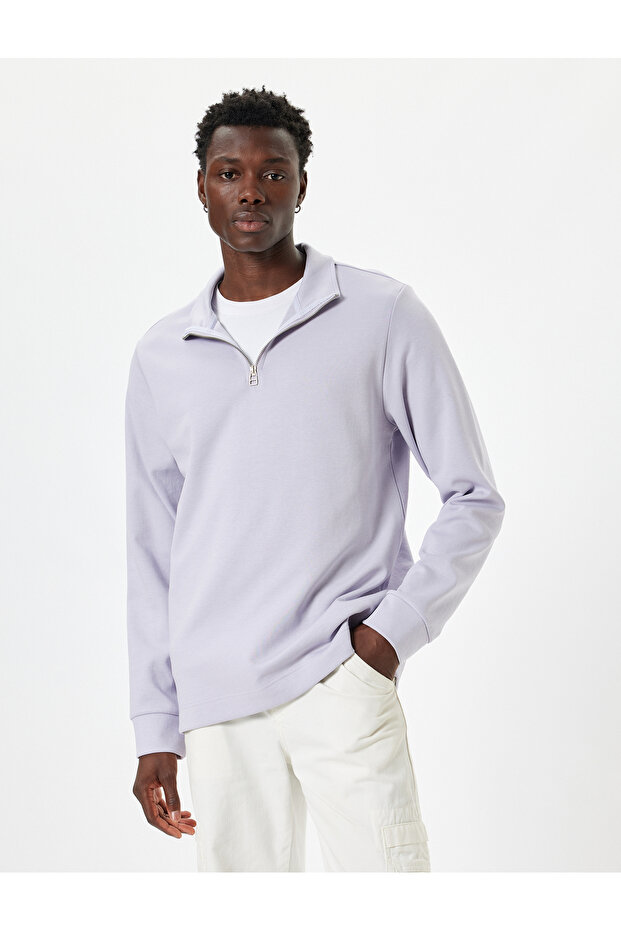 Basic Pamuklu Yarım Fermuarlı Sweatshirt - 2