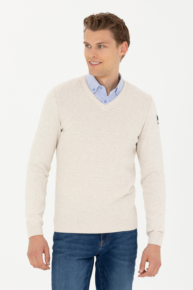 Men's Stone Melange V-Neck Sweater 50277090-Vr225