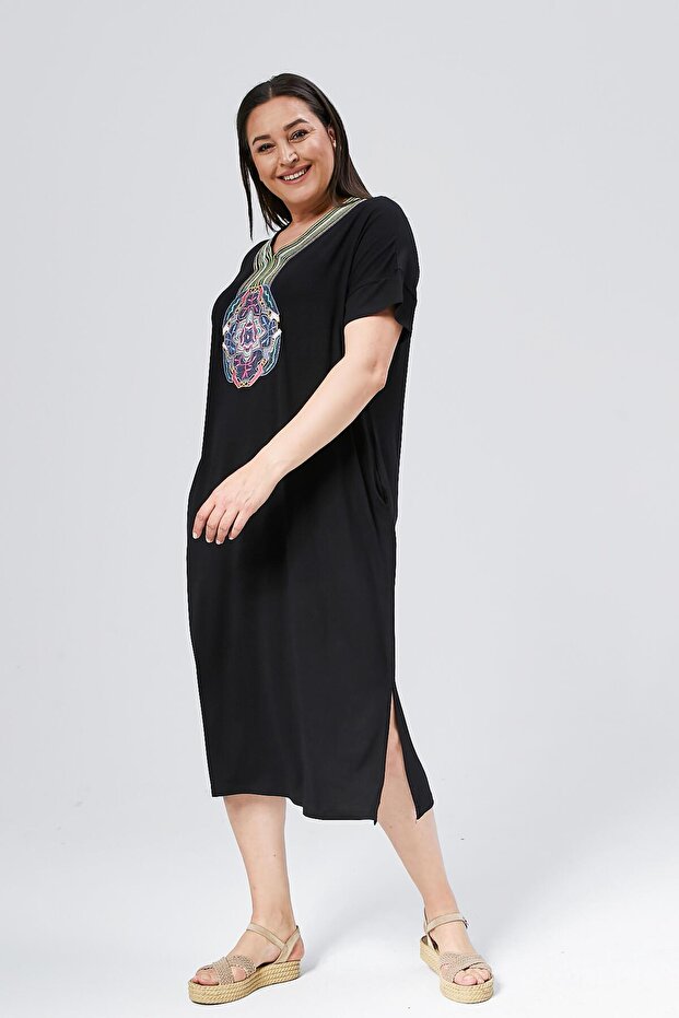 Rochie de damă, lungă, neagră, brodate de mărimi plus - 4