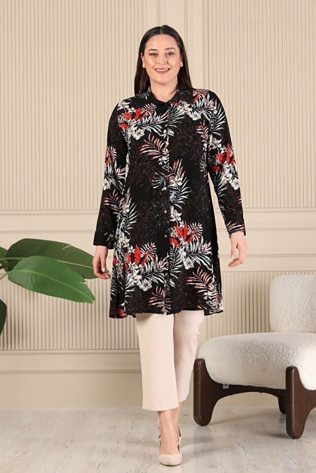 تونيك بياقة قميص أسود مقاس كبير - بأزرار - 4