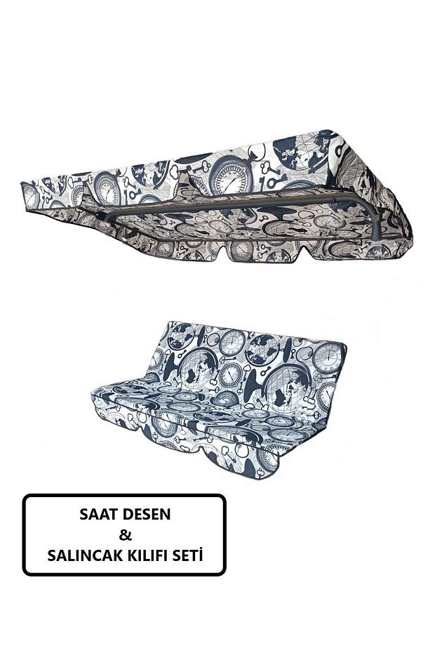 Süngersiz Salıncak Minder Seti Tenteli Salıncak Kumaş Seti 2 Kişilik Süngersiz Saat Desenli - 4