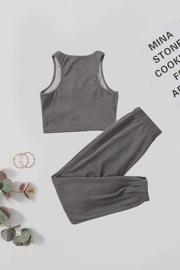 Tek Renk 1 Takım Kolsuz Polarlı Alt Üst Pijama Takımı - 2