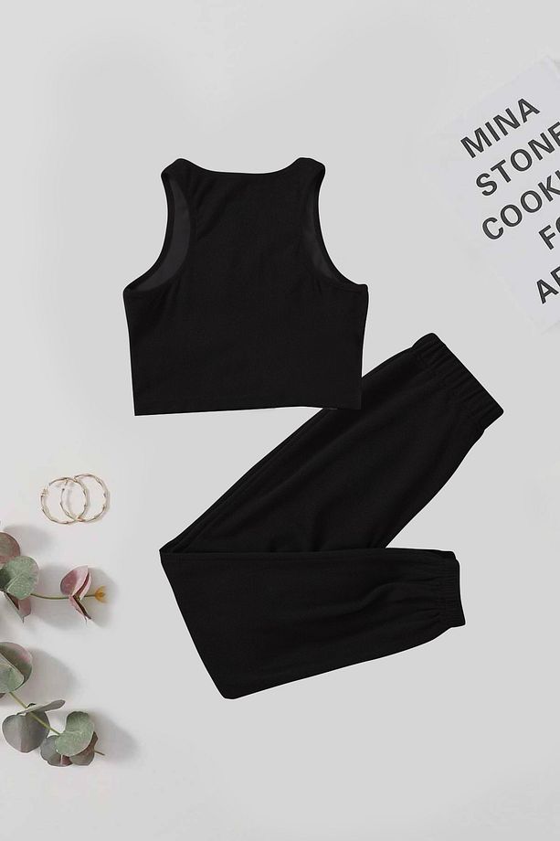 Tek Renk 1 Takım Kolsuz Polarlı Alt Üst Pijama Takımı - 2
