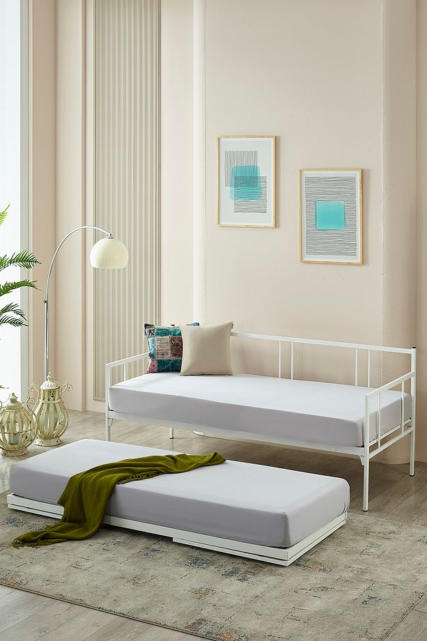 Veluna Yavrulu Daybed Tek-Çift Kişilik Sedir Metal Karyola Beyaz - 3