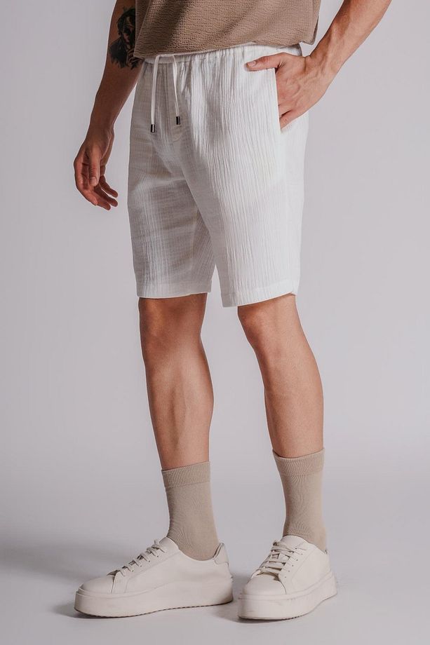 Erkek Yandan Cepli Beli Lastikli  Dokulu Kumaş Relaxed Fit Jogger Şort Ekru - 4