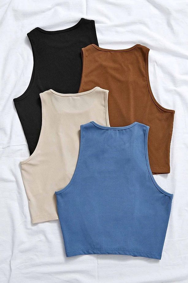 Tek Renk 1 Adet Kadın Kolsuz Örme Kumaş Bluz Crop - 4