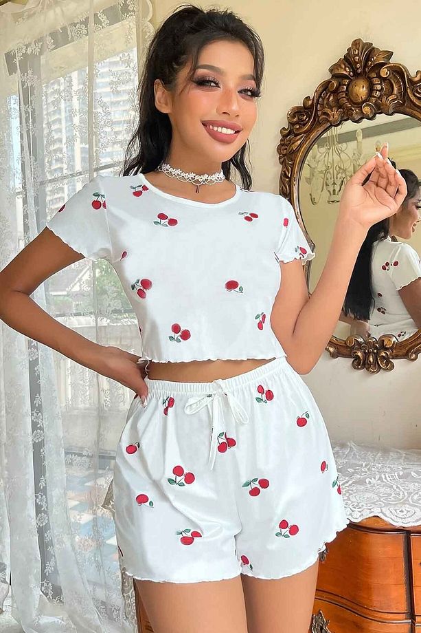 Örme Yumuşak Kısa Kol Kiraz Basklı Sortlu Pijama Takımı - 3