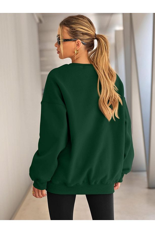 Kadın Bisiklet Yaka Basic Oversize Sweatshirt KOYU YEŞİL - 4
