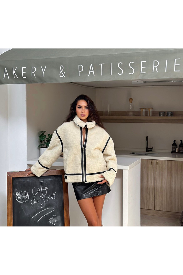 White Plush Oversize Biker Coat