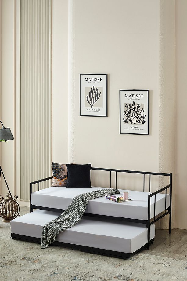 Veluna Yavrulu Daybed Tek-Çift Kişilik Sedir Metal Karyola Siyah - 2