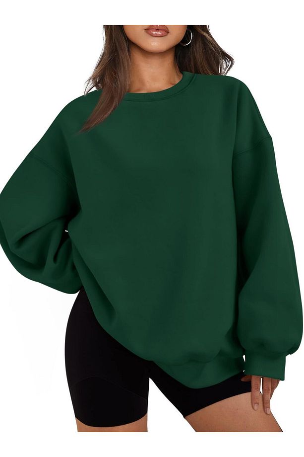 Kadın Bisiklet Yaka Basic Oversize Sweatshirt KOYU YEŞİL - 3