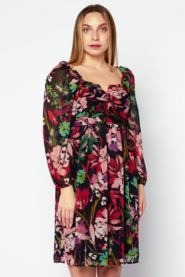 Women V Neck Long Sleeve Floral Mini Dress, Multicolor