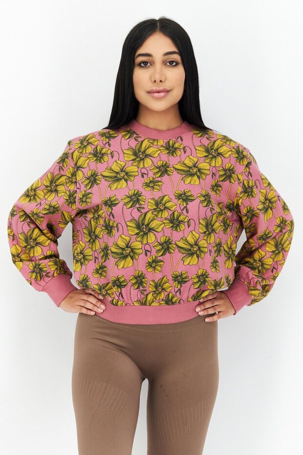 Women Crew Neck Floral Print Long Sleeve Sweatshirt, Pink