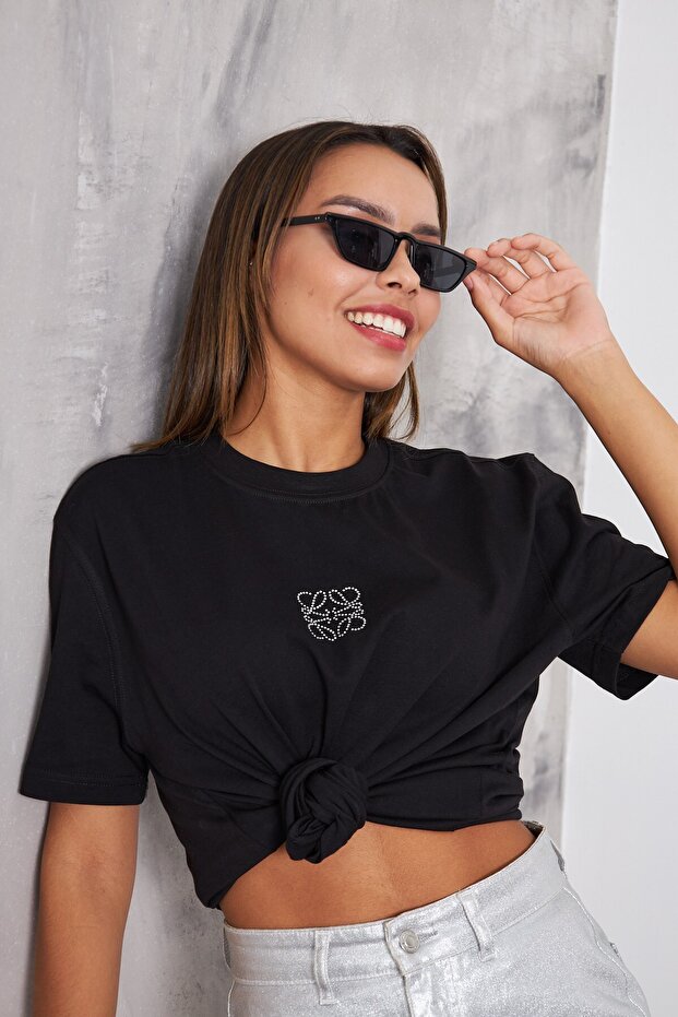 Stone Printed Black Women's Oversize T-Shirt