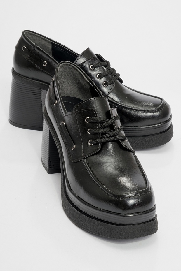Dudley Black Leather Lace-Up Women's Platform Heeled Shoes