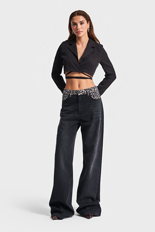 Női sötét füstölt színű 2w41 Midrise Wideleg leopárdmintás farmer - 2