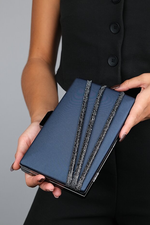 Debon Navy Satin Stripe Stone Women's Evening Dress Bag