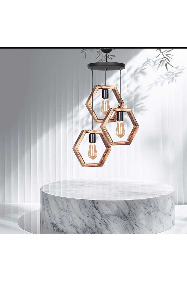 Kahverengi Ahşap Altıgen Petek 3lü Hexagon Avize - 4
