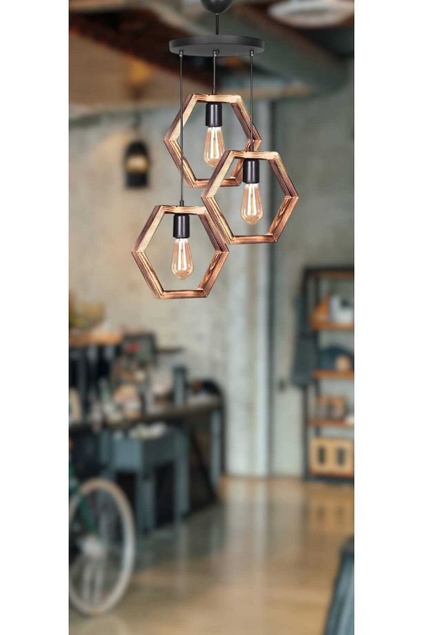 Kahverengi Ahşap Altıgen Petek 3lü Hexagon Avize - 2