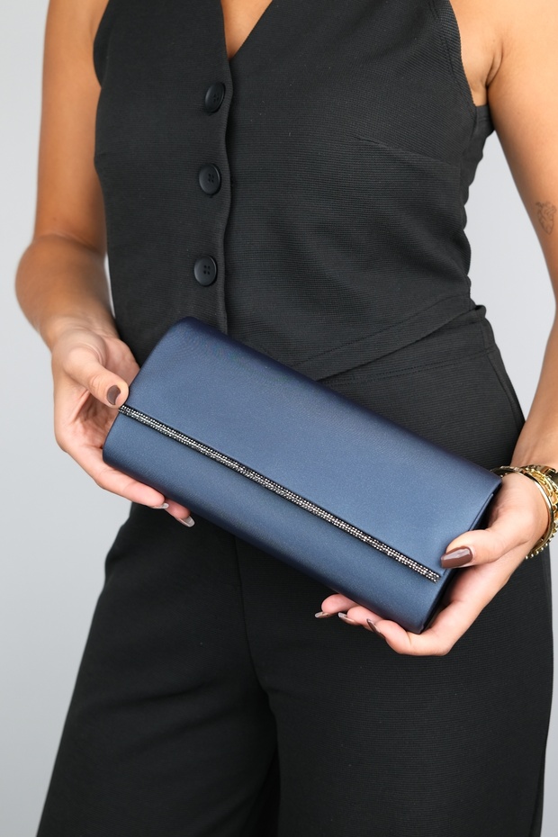 Torebka wieczorowa damska Maria Navy Satin Platinum Stone - 1