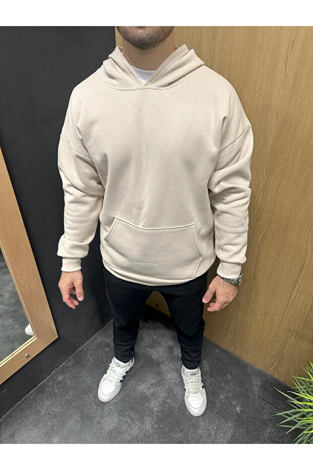 Bej Kapşonlu Basic Sweatshirt