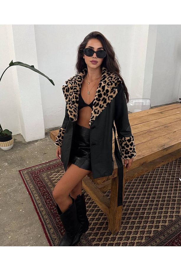 LEOPAR DETAY KİSA DERİ TRENÇ - 2