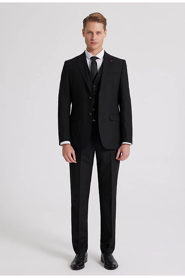 Slim Fit Siyah Mono Yaka Tek Yırtmaçlı Astarlı Takim Elbise Yelekli - 2