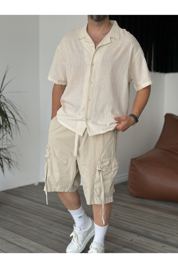 Beige Leaf Embroidered Short Sleeve Shirt V-40-881
