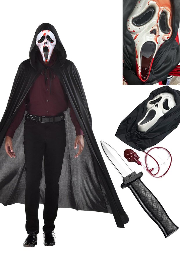 Halloween 120cm Black Hooded Cloak Scream Blood Effect Mask Prank Knife Set Halloween Party