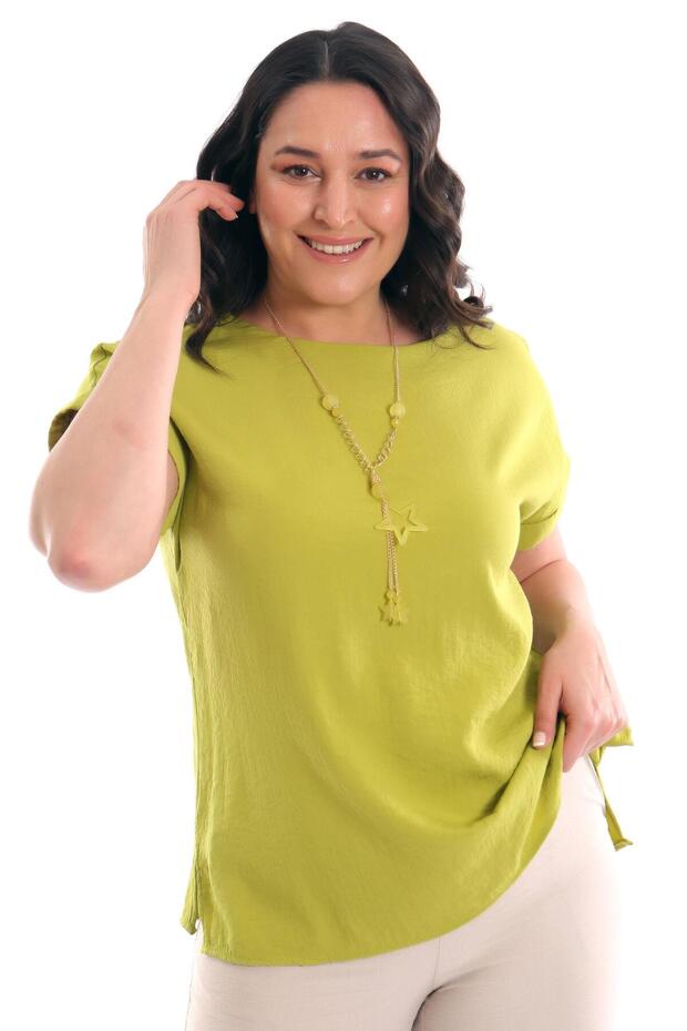 بلوزة أساسية ذات أكمام منخفضة مقاس كبير باللون الأخضر الفستقي - 4