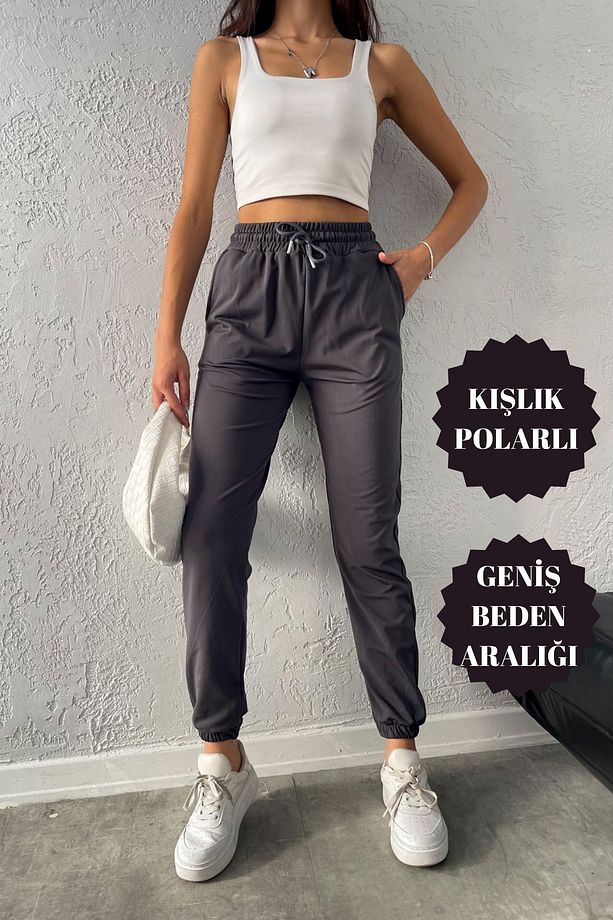 Kadın Dalgıç Kumaş Kışlık Polarlı Jogger Yüksek Bel Cepli Füme Eşofman Altı - 1